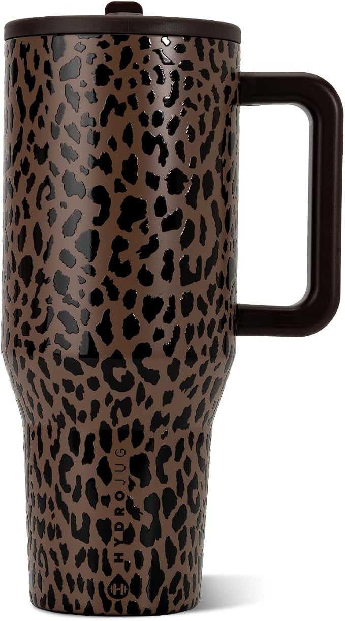 HydroJug Traveler 40oz, Insulated Tumbler with Handle & Straw, Brown Leopard
