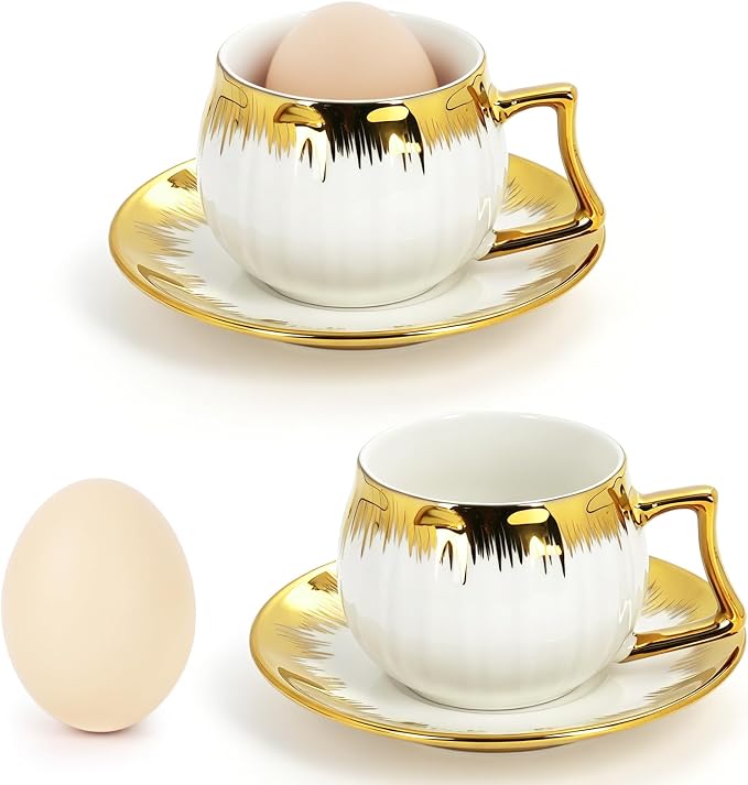 6 Pack 3.2oz Espresso Cups with Saucers, White Porcelain with Gold Electroplated Brushstroke Rim, Pumpkin Ribbed Striped Ceramic Coffee Cup Set, Dishwasher Safe, for Espresso, Latte, Tea, Home