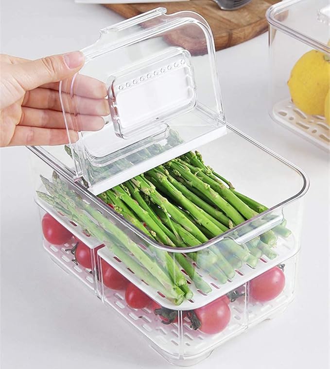 SANNO Vegetable Fruit Storage Containers, Produce Saver Containers Refrigerator Storage Containers Fresh Produce Saver with Lids and Vents,Stackable Salad Lettuce Keeper for Refrigerator