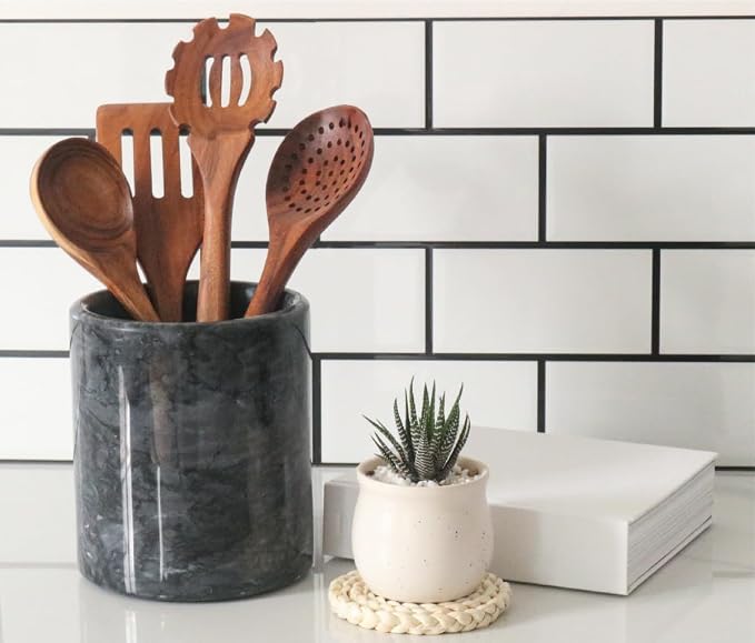 HillSpring Marble Spoon Rest for Kitchen, Black Utensil Rest for Stove Top, Coffee Station, 1 Pack + Black Marble Kitchen Utensil Holder, 1 Pack Weighted Utensil Organizer Crock for Countertop