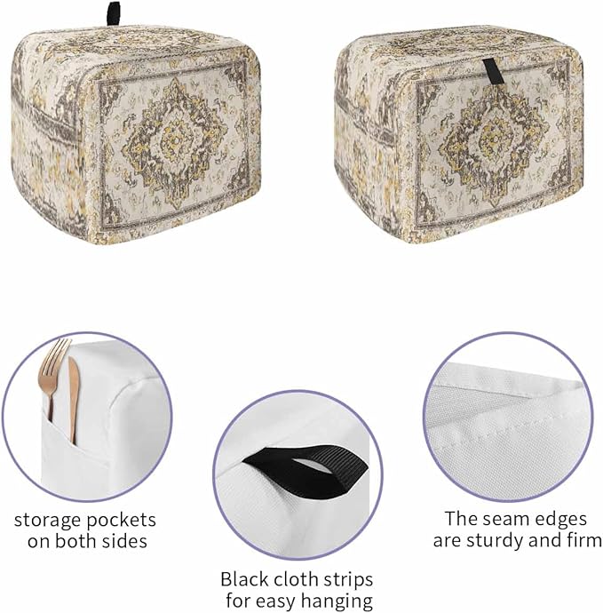Beige Vintage Boho Toaster Cover 2 Slice, Ethnic Tribal Dustproof Bakeware Oven Protector with Top Hook, Geometric Abstract Waterproof Small Kitchen Appliance Toasters Dust Cover, 11"x6"x8"