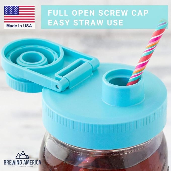 Brewing America Glass Mason Jar Pitcher with Lid, 1 Quart (32 oz) with Teal Wide Mouth Pour Lid, for Smoothie, Boba Cup, Sun Tea, Cold Coffee Glass Tumbler, 2-Pack