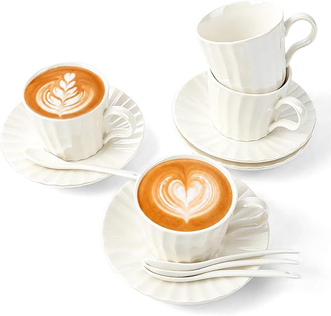 7.5oz Ceramic Cappuccino Cup with Saucer and Spoon Set of 4 | Porcelain Coffee Cups Set for Latte, Tea, Espresso,Cappuccino,Dishwasher and Microwave Safe,Pearl White