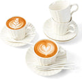 7.5oz Ceramic Cappuccino Cup with Saucer and Spoon Set of 4 | Porcelain Coffee Cups Set for Latte, Tea, Espresso,Cappuccino,Dishwasher and Microwave Safe,Pearl White