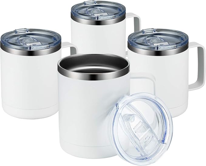 MEWAY 12oz Coffee Mug With Handle 4 Pack Bulk,Stainless Steel Insulated Travel Tumblers With Sliding Lid,Double Wall Vacuum Camping Cup for Hot & Cold Drinks Tea (White,Set of 4)