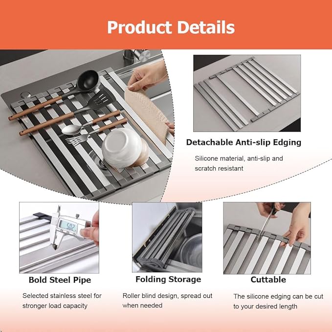 43.5/52.5 in 304 Stainless Steel Expandable Over The Sink Dish Drying Rack, Collapsible Anti-Slip Heat-Resistant Dishes Drainer(W 34cm/13.4in,L 52.5cm/20.7in)