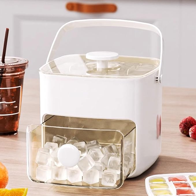 MAVIS LAVEN Ice Cube Maker Ice Tray Set with 2 Trays and Storage Bin for 120 Cubes Easy Release Button Design Food Grade PP Material Silicone Handles Dust Proof Lid (Milk White)