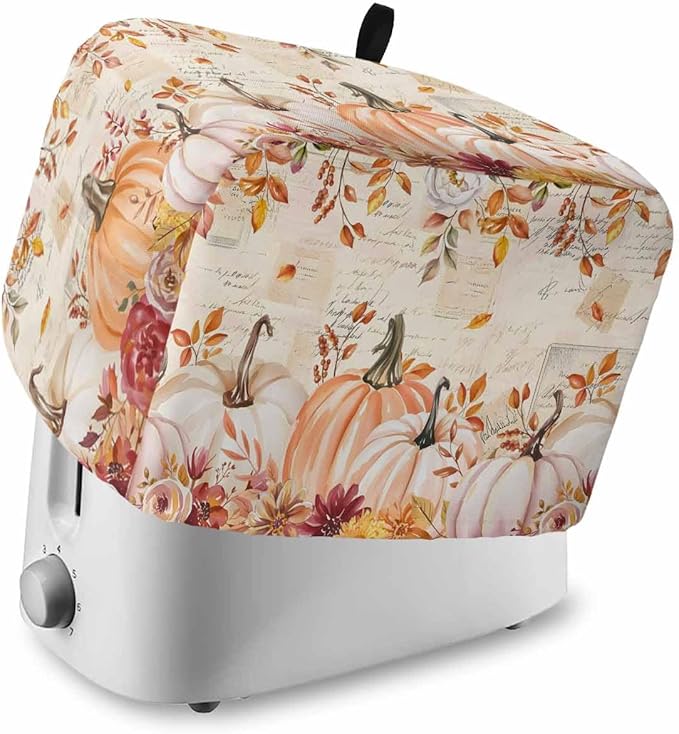 Pink Orange Pumpkins Fall Toaster Cover 2 Slice, Thanksgiving Leaves Dustproof Bakeware Oven Protector with Top Hook, Autumn Floral Waterproof Small Kitchen Appliance Toasters Dust Cover, 11"x6"x8"