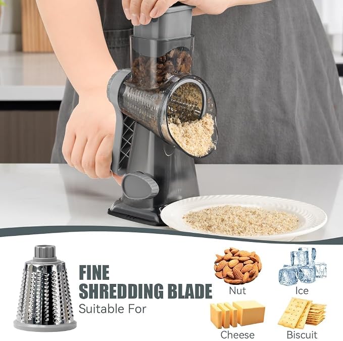 KEOUKE Rotary Cheese Grater Hand Crank Transparent - Shredder Slicer Grinder 3 Stainless Steel Blades, Stable Suction, Labor-Saving Handle, Safe Kitchen Tool for Cheese, Vegetable, Nuts, Chocolate