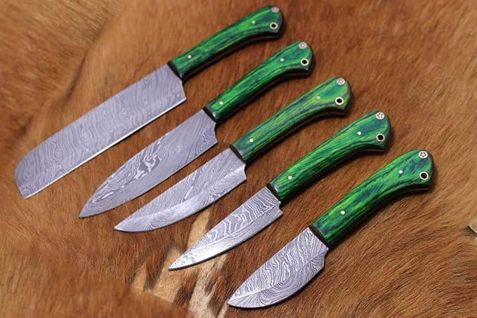 Custom Made Hand Forged Damascus Steel Full Tang Blade Kitchen Knife Set, Overall 40 inches Length of Damascus Sharp Knives (10.6+9.6+9.0+8.0+7.6) Inches, Leather Suede Sheath (2 Tone Green)