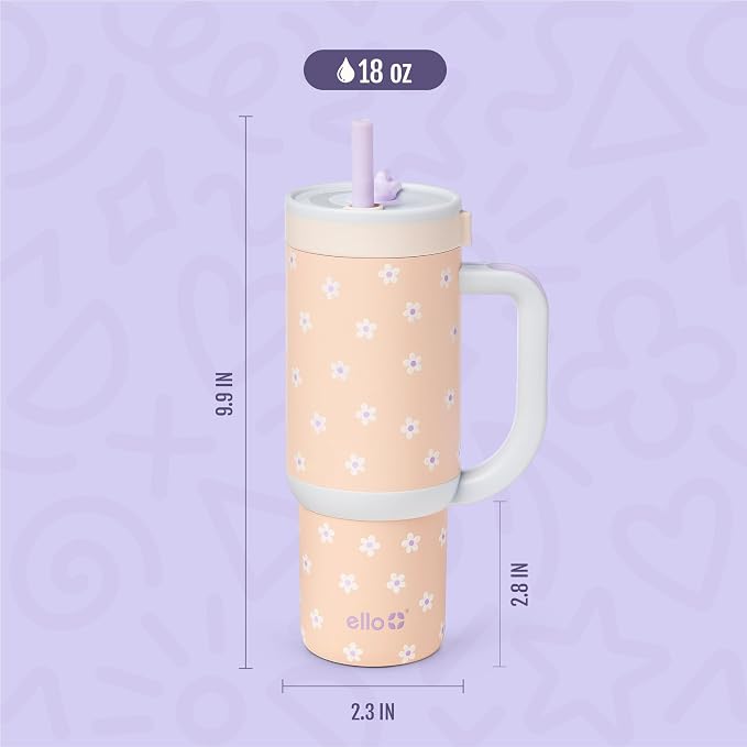 Ello Oasis 18oz Stainless Steel Kids Tumbler with Handle & Retracting Straw, 100% Leakproof, Double-Wall Vacuum Insulated, Kids Water Bottle for School, BPA Free, Dishwasher Safe, Orange Daisies