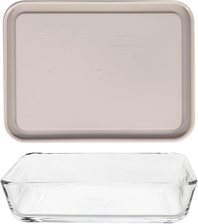 Pyrex 7210 3-Cup Glass Dish & 7210-PC Warm Stone Gray Food Storage Lid (2-Pack) - Made in USA
