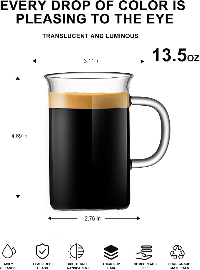 LUXU Glass Coffee Mugs 16 oz,Set of 2 Large Glass Coffee Cups Clear Tea Cups,Iced Coffee Glasses,Lead-Free Drinking Glasses for Water,Cappuccino,Latte,Cereal,Yogurt,Milk-Flat Bottomed Design