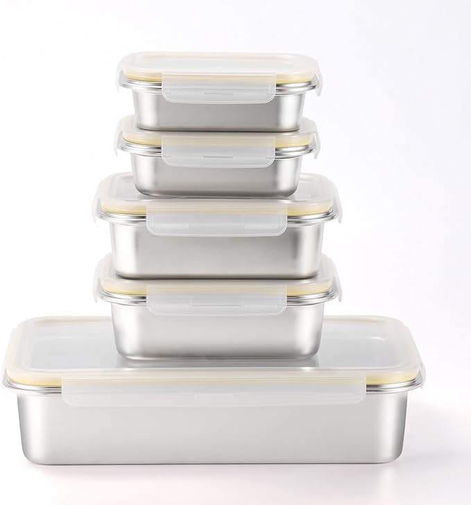 18/8 Stainless Steel Food Storage Containers, Meal Preparation Container Set, Baking Pan, Leak Proof Stackable Light and Easy Storage, Metal Set of 5 (2PC 21oz/2PC 43oz/1PC 169oz)