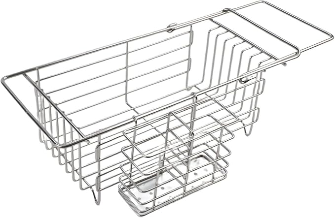 Expandable Stainless Steel Dish Drying Rack with Utensil Holder, Over The Sink Dish Drainer Basket for Kitchen, Space Saving Air Dry Organizer, Silvery, 40.5x18x13cm