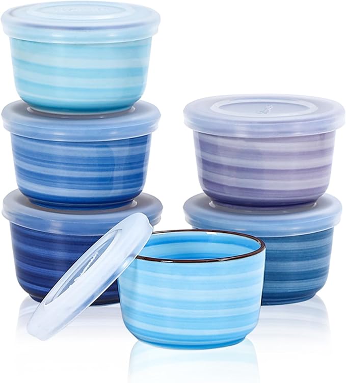 Selamica Ramekins with Lids, 6 oz Ramekins Oven Safe for Creme Brulee, Souffle, Porcelain Custard Cups for Baking, Stackable Ramekin Bowls for Pudding, Dipping, Set of 6, Gradient Blue