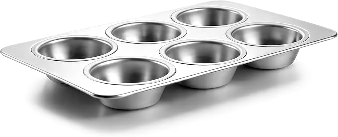 LIANYU 6 Cup Muffin Cupcake Pan, Stainless Steel Muffin Tin Mold for Baking Cup Cake, Brownie, Regular Size Metal Muffin Baking Tray, Oven & Dishwasher Safe