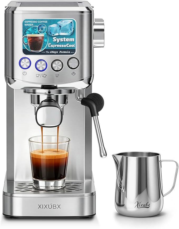 XIXUBX 20 Bar Espresso & Cold Brew Coffee Maker with Milk Frother, 42oz Removable Tank, Stainless Steel, Perfect for Cappuccino, Latte, Home & Office, Brushed Silver