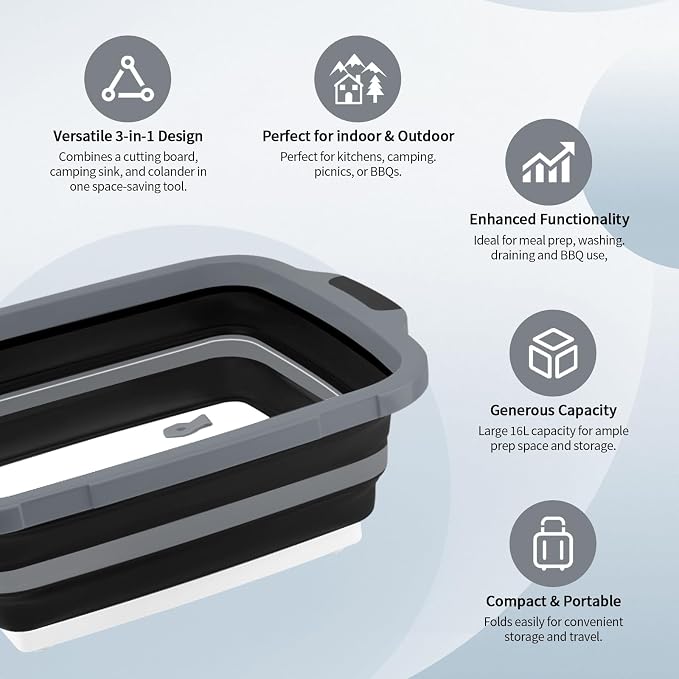 2-Pack XL Collapsible BBQ Prep Tub with Lid (4.22 Gal / 16L) - Built-In Cutting Board & Strainer, Large Meat Marinade Container, Camping Sink & Food Storage Bin for Grilling, Outdoor Cooking - Black
