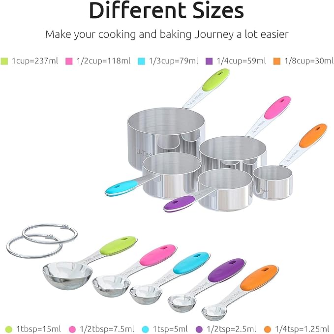 U-Taste 18/8 Stainless Steel Measuring Cup and Spoon Set of 10 Multicolor and 16 inch Adjustable Rolling Pin with Silicone Removable Thickness Rings Aqua Sky