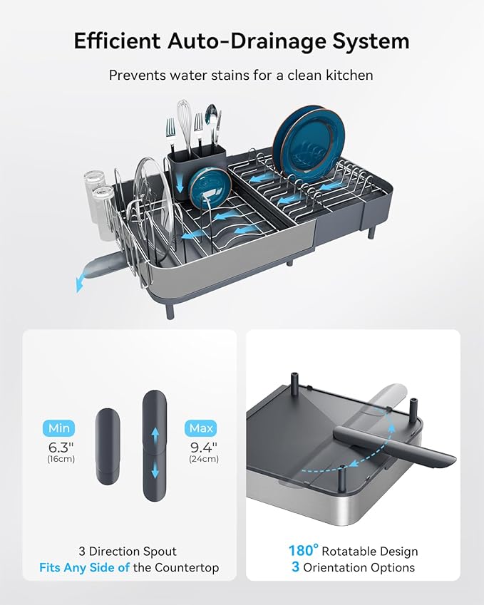 SUNLY Expandable Dish Drying Rack, Versatile Brackets for Pots & Pans, Space Saving Kitchen Drying Rack, Dish Racks for Kitchen Counter, Stainless Steel Dish Drainers with Extendable Spout, Gray