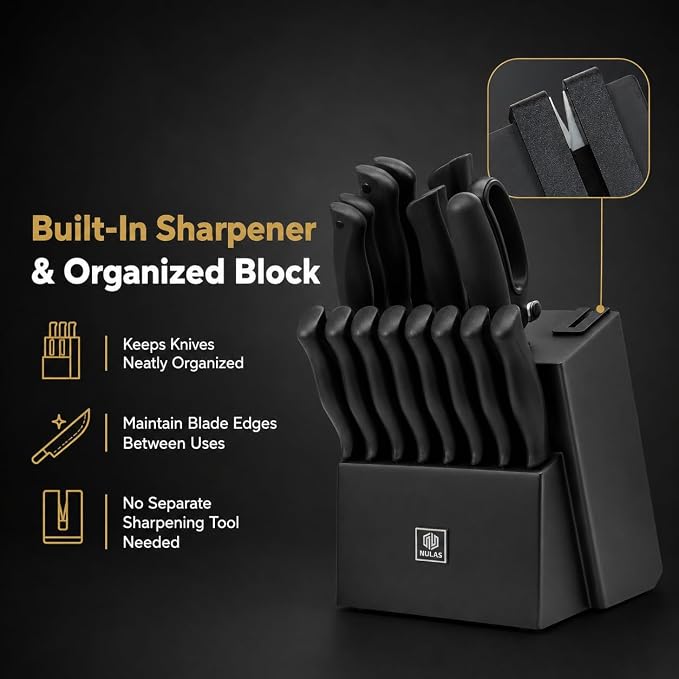 19-Piece Kitchen Knife Block Set with Built-in Sharpener, Upgraded Non-Stick Coating Blades, Ergonomic Handles, Dishwasher Safe, Black