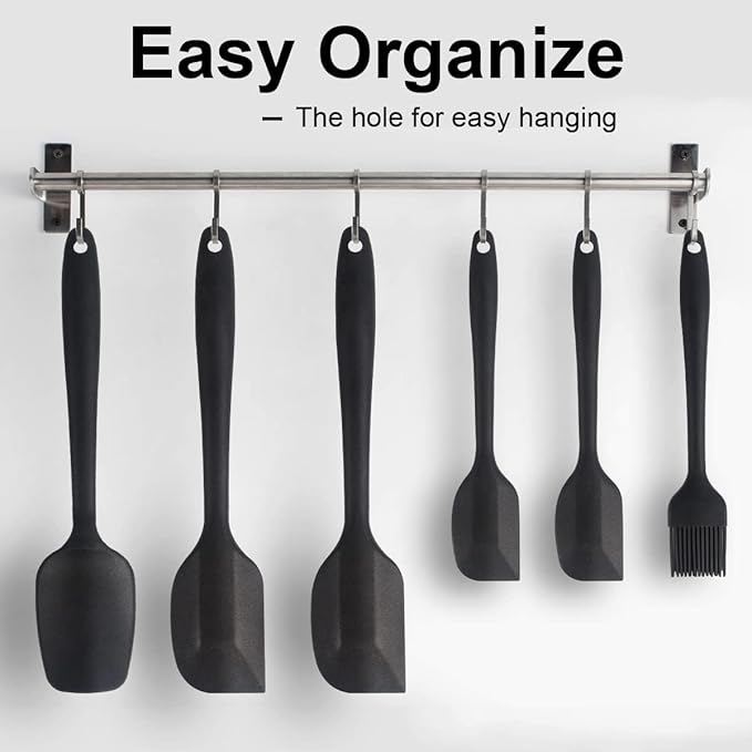 Spatulas Set of 6, Food Grade Silicone Spatulas Rubber Heat Resistant, Stainless Steel Core, Kitchen Utensils Nonstick for for Cooking, Baking and Mixing (Black)