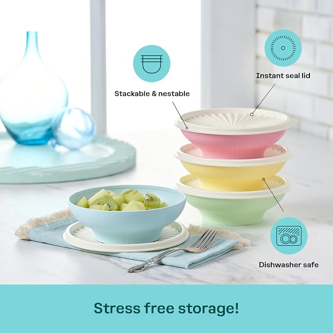 Tupperware Heritage Collection, New 4 Cereal Bowl with Lids Set in Vintage Colors, Dishwasher Safe and BPA Free (4 containers, 4 lids)