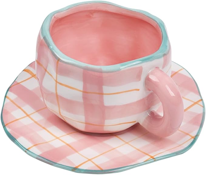 Koythin Ceramic Coffee Mug, Cute Pink Cup for Women with Saucer for Office and Home, Dishwasher and Microwave Safe, 10 oz/300 ml for Latte Tea Milk (Pink Check)