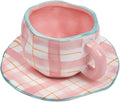 Koythin Ceramic Coffee Mug, Cute Pink Cup for Women with Saucer for Office and Home, Dishwasher and Microwave Safe, 10 oz/300 ml for Latte Tea Milk (Pink Check)