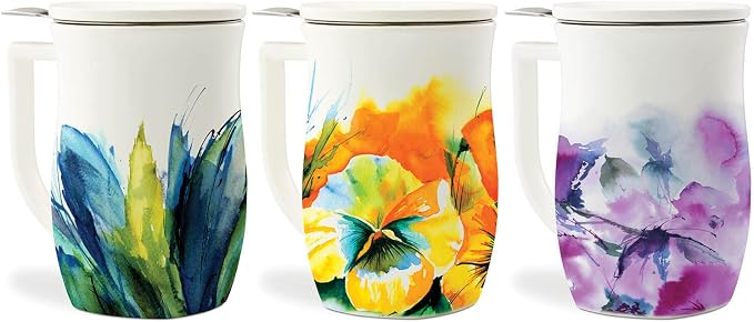 Tea Forte Ceramic Fiore Cup with Handle, Removeable Stainless Steel Infuser Basket and Lid, Steeps 14 oz Loose Leaf Tea, Dishwasher & Microwave Safe, Verbena Blossom