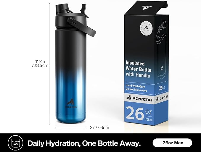 POWCAN 26 oz Insulated Water Bottle with 2-in-1 Straw Spout Lid (Mariner) | Keep Cold 24H, Leak-Proof, Fits in Car Cup Holder, Stainless Steel Water Bottle for Sports, Travel, Gym, Gift, and School