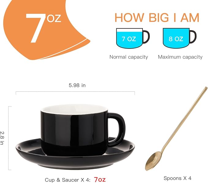8oz Cappuccino Cups Set of 4, Tea Cups with Saucers and Spoons, Black Ceramic Tea Cups Set Coffee Mugs for Tea Cappuccino Espresso Latte Mocha Au Lait Macchiato Cafe
