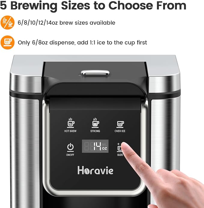 Horavie Single Serve Coffee Maker for K-Cup Pod and Grounds, Hot & Iced Coffee Maker, Strong Button Feature, 6 to 14oz Brew Sizes, 50oz Removable Reservoir, Fit 6.5" Mugs, Stainless Steel, Black
