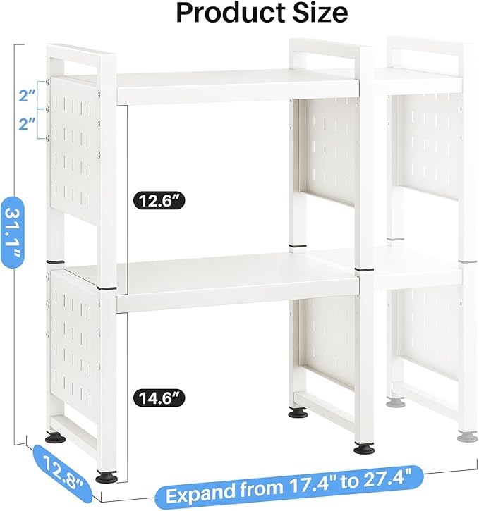 Expandable Microwave Stand, Heavy Duty 3-Tier Adjustable Microwave Oven Rack with 8 Hooks & 2 Holders, Space-saving Kitchen Counter Shelf for kitchen organizers and storage, 200lbs Capacity, White