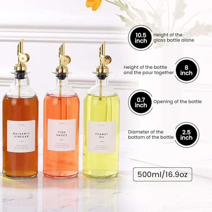Molimoli Coffee Syrup Dispenser for Coffee Bar, Coffee Pump Dispenser | Oil and Vinegar Dispenser with gold Pour Spout- 2 Oil Bottles & 2 Syrup Bottles 500ml Gold