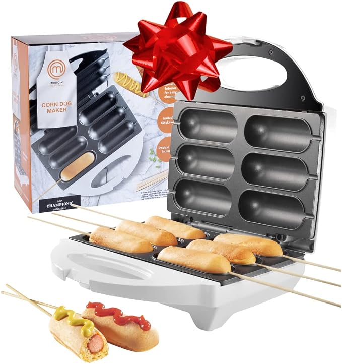 MasterChef Corn Dog Maker w 50 Skewers- Electric Nonstick Kitchen Baker- Fryer Machine Makes Hot Dogs, Cheese Mozzarella Sticks, Cake Pops, BBQ, Carnival Food, Apps & Parties- Fathers Day Gift for Dad