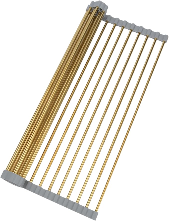 Snailhouse Roll Up Dish Drying Rack, Stainless Steel Dish Drainer Over The Sink with Anti-Slip Silicone for Kitchen Counter, Gold (17.8 x 15.7 in)
