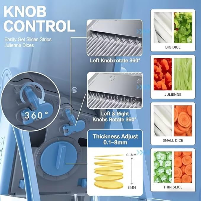Safe Mandoline Slicer for Kitchen, Adjustable Vegetable Cutter with Container, 40+ Cuts No Blade Change, 0.1-8mm Thickness, Stainless Steel Blades for Potato, Onion & Salad (Blue)