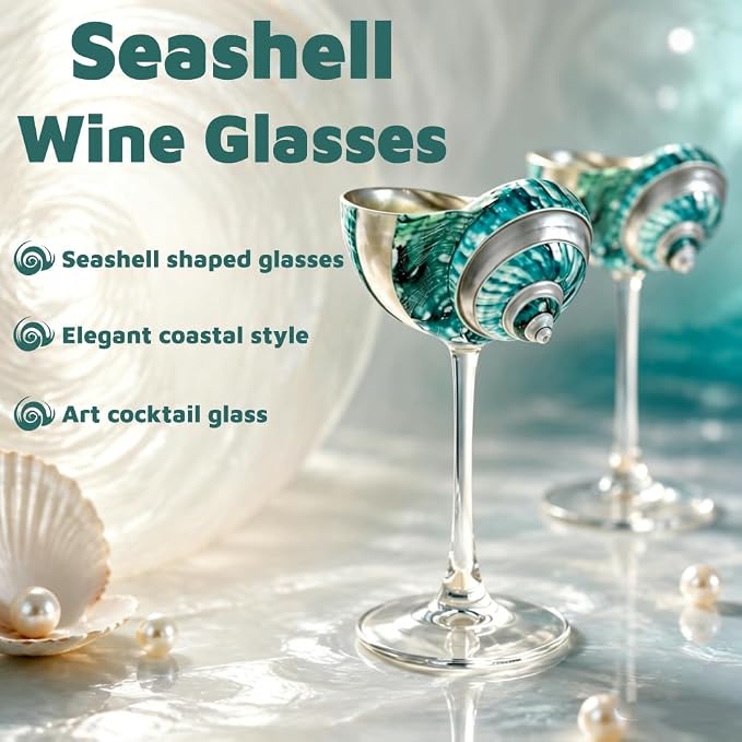 LYFJMUS 2 Pcs Seashell Wine Glasses Wedding Wine Glasses Conch Cup Martini Cocktail Glass Cup for Birthday Wedding Beach Bridesmaids Anniversary Party (Green+White, 6.3inch)