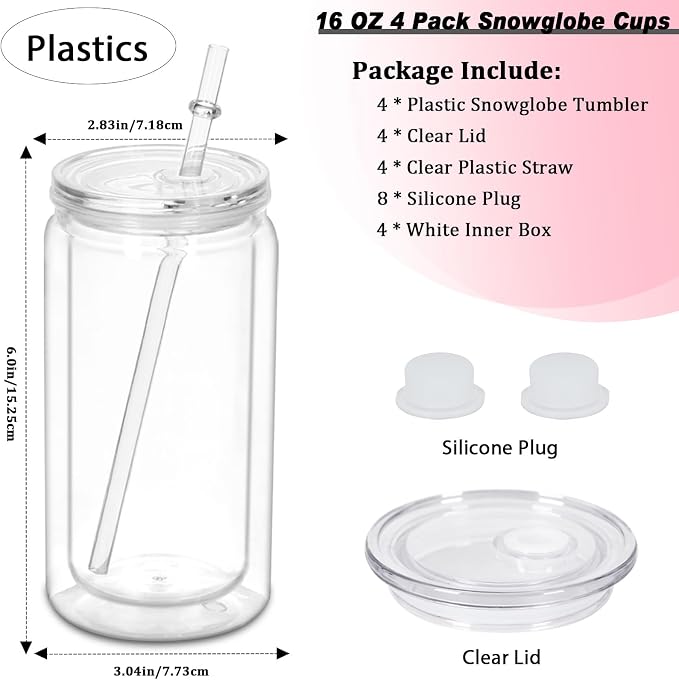16 oz Plastic Snow Globe Tumbler, 4 Pack Double Wall Snowglobe Tumbler with Pre Drilled Hole, Plastic Mason Jar Cups Can for Snow Globe Glitter DIY (Clear)