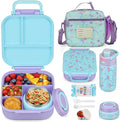 Itslife Bento Box for Kids Set, insulated food container,kids lunch box, 7 oz thermos for hot food, 12 oz thermos water bottle, Reusable Insulated Ice Bag & Fork Spoon Utensils Camping Travel Purple