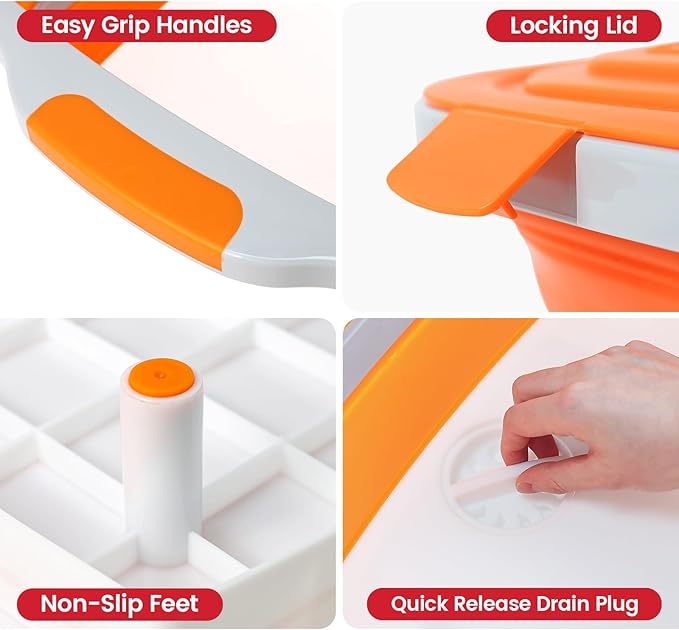 BBQ Prep Tub 3-IN-1 Large 30L Collapsible Cutting Board with Locking Lid for Meal Prep Marinating Food, Camping Sink with Colander, Dish Basin, Storage Blanket for Camping Picnic BBQ, Orange