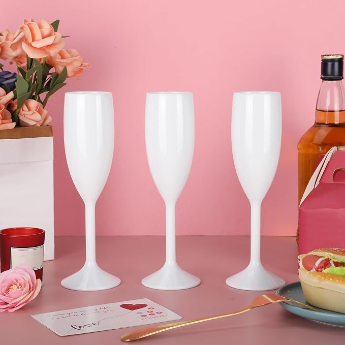 Domensi 40 Pack White Acrylic Champagne Flutes Bulk 6 oz Unbreakable Reusable High Stem Plastic Toasting Goblets for Wedding, Party, Camping & Restaurant