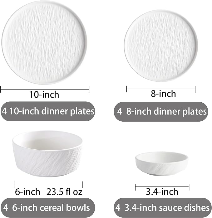 Ceramic Dinnerware set for 4 Matte White, 16 pcs, Dish set for 4 | Kitchen Plates and Bowls Set Porcelain, Rock-Textured Dishware Sets Stoneware Dinner Plates Sets Platos de Cocina Vajilla