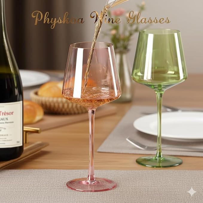 Physkoa Colored Wine Glasses Set 6-16oz Colorful Wine Glass With Tall Long Stem&Flat Bottom,Colored Stemmed Wine Goblet, Wine Gifts for Women Mom Wife Friend