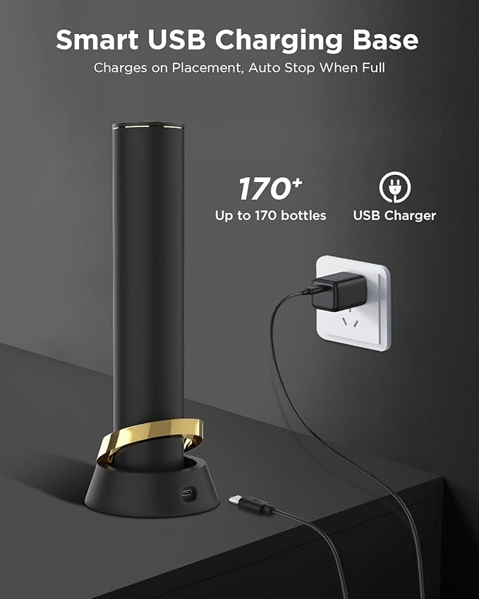 Newise Rechargeable Electric Wine Opener with Charging Base & Foil Cutter, Automatic Corkscrew for 60 Bottles, Luxury Mothers Gift for Wine Lovers Women Men - Gold & Black
