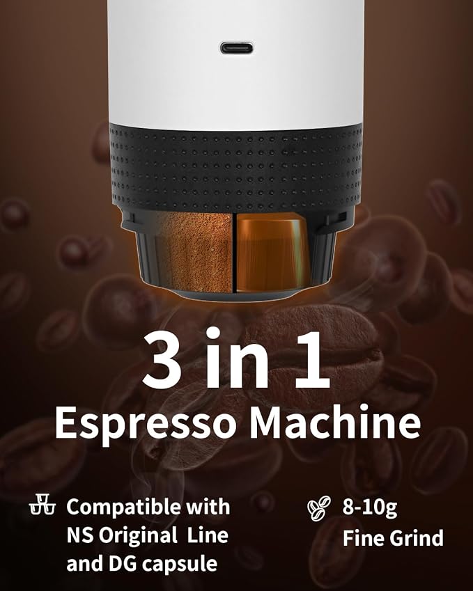 Portable Electric Espresso Machine, Travel Coffee Maker Brewer Compatible with Ground Coffee & NS Capsules (White with LCD Screen)