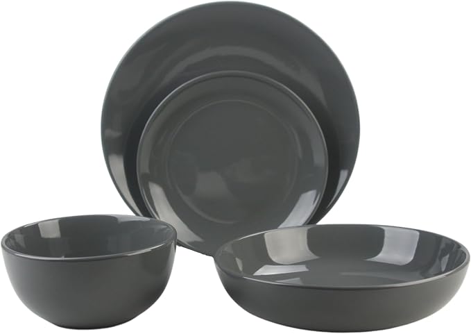 16 Piece Coupe Stoneware Dinnerware Set with Dinner Bowl, Service for 4, Dark Gray