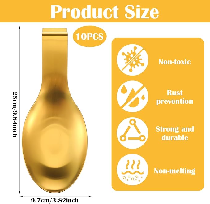 10 Pcs Gold Stainless Steel Spoon Rest, Spatula Ladle Holder Utensil Spoon Rest for Stove Top/Countertop Heavy Duty Ladle Holder for Kitchen Cooking Utensils, Dishwasher Safe, 3.8'' x 9.8''